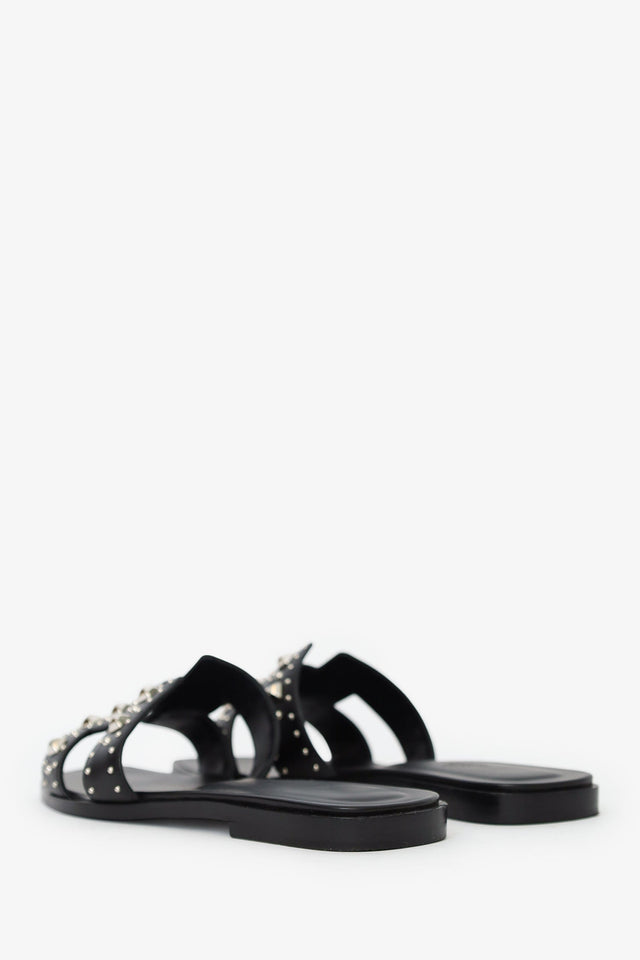 Hermes Black Leater Studded Oran Sandals Size 38