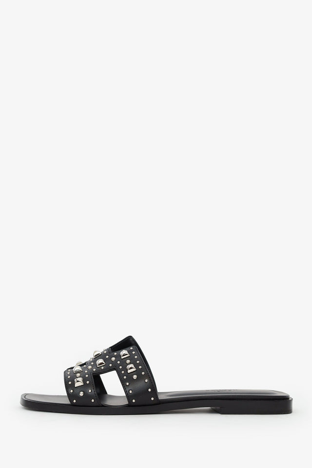Hermes Black Leater Studded Oran Sandals Size 38