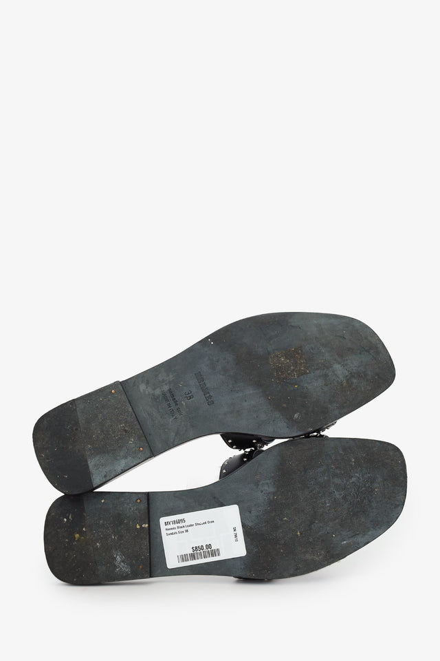 Hermes Black Leater Studded Oran Sandals Size 38