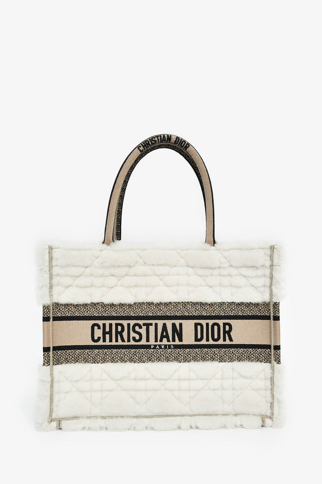 Christian Dior 2023 Ecru Cannage Shearling Taupe Canvas Medium Book Tote