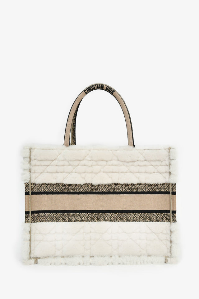 Christian Dior 2023 Ecru Cannage Shearling Taupe Canvas Medium Book Tote