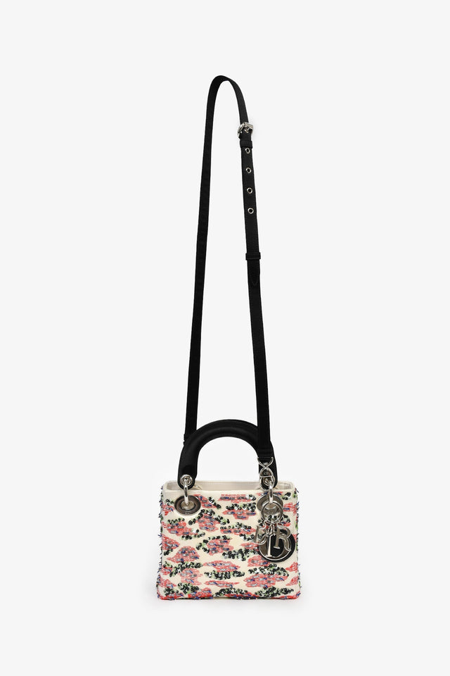Christian Dior 2014 Cream Satin Multi Sequin Mini Lady Dior Top Handle with Strap