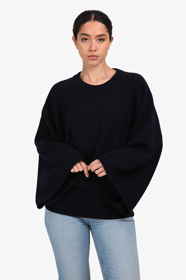 Hermes Navy Cashmere Long Sleeve Wide Sleeve Sweater Size 38