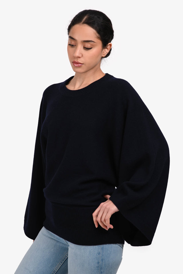 Hermes Navy Cashmere Long Sleeve Wide Sleeve Sweater Size 38