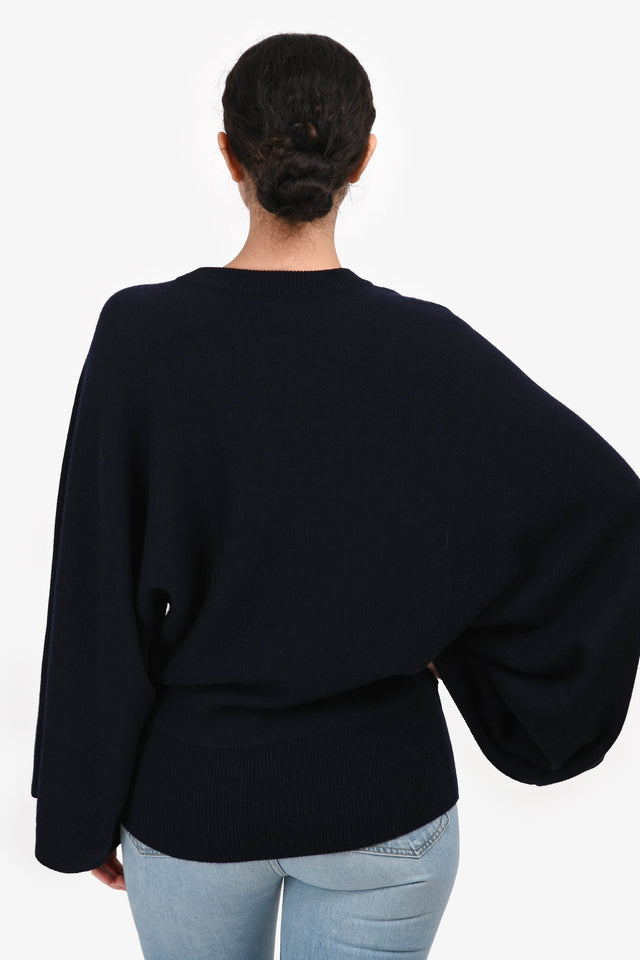 Hermes Navy Cashmere Long Sleeve Wide Sleeve Sweater Size 38