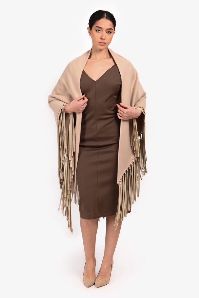 Hermes Beige Cashmere Leather Fringe Shawl One Size