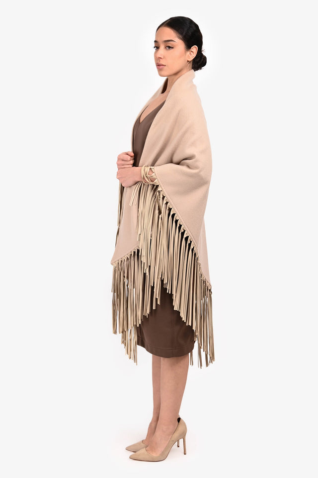 Hermes Beige Cashmere Leather Fringe Shawl One Size