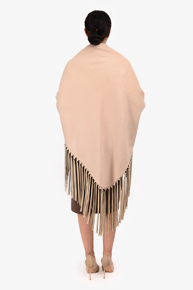 Hermes Beige Cashmere Leather Fringe Shawl One Size