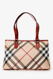 Burberry Beige/Red Coated Canvas Novacheck Top Handle Bag