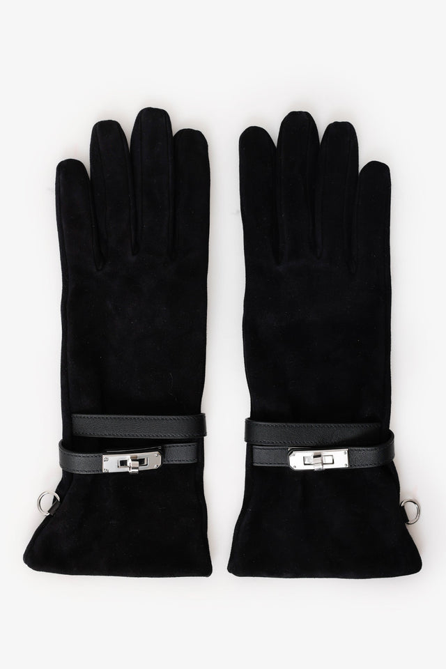 Hermes Black Suede Jade Gloves With Strap