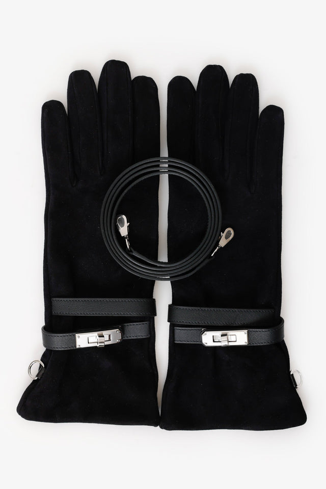 Hermes Black Suede Jade Gloves With Strap