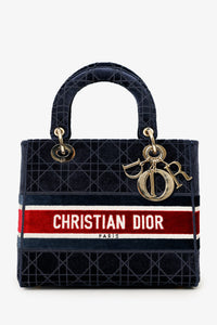 Christian Dior 2021 Blue Velvet 'Cannage D-Lite' Medium Bag With Strap