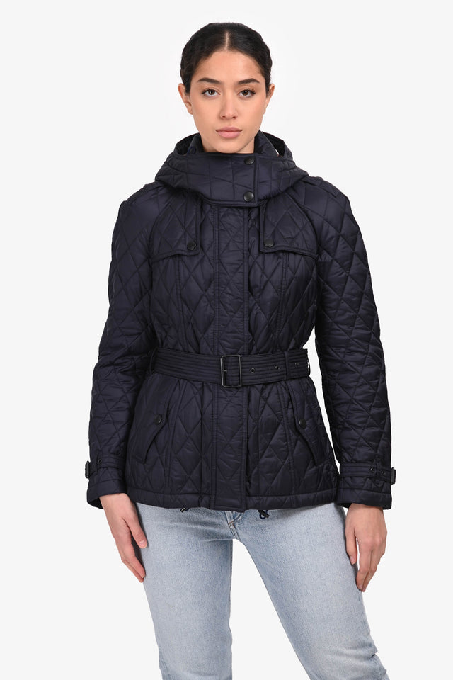 Burberry Navy Nylon Quilted Belted Short Coat Size S
