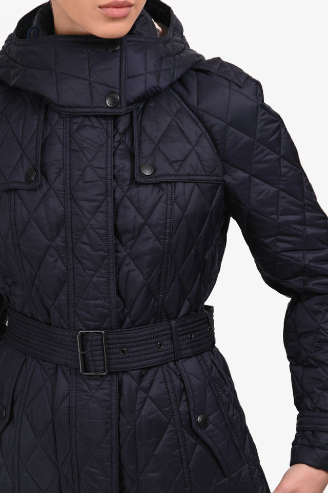 Burberry Navy Nylon Quilted Belted Short Coat Size S