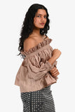 Christian Dior 2023 Cruise Brown Silk Off The Shoulder Pleated 3/4 Sleeve Top Size 2 US