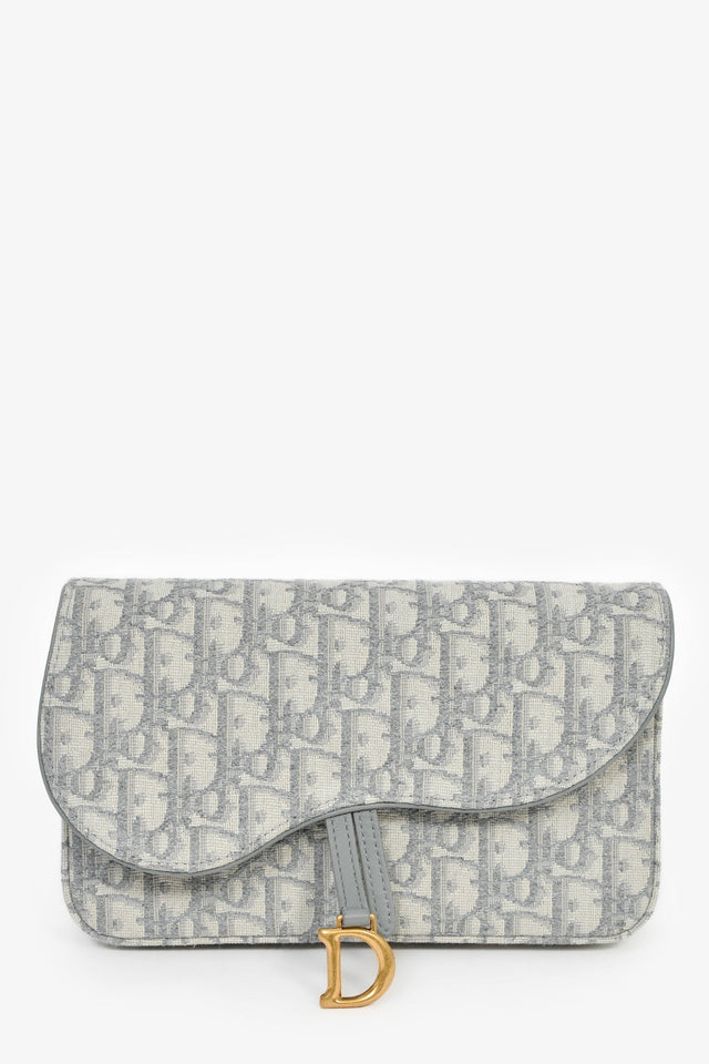 Christian Dior 2023 Grey Oblique Canvas Medium Saddle Pouch With Chain