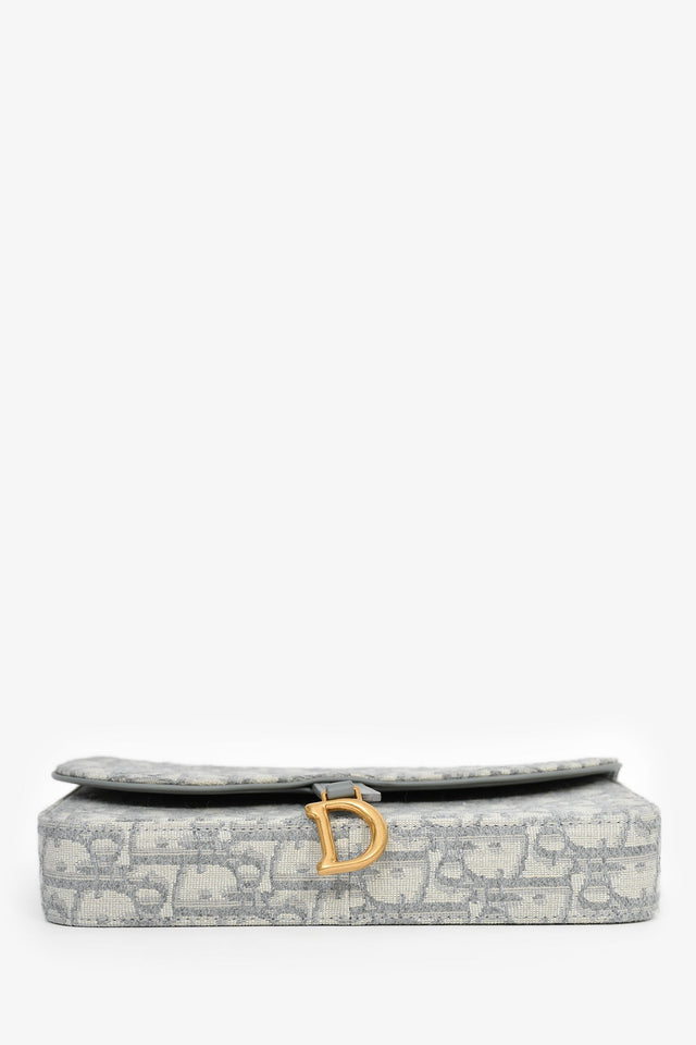 Christian Dior 2023 Grey Oblique Canvas Medium Saddle Pouch With Chain
