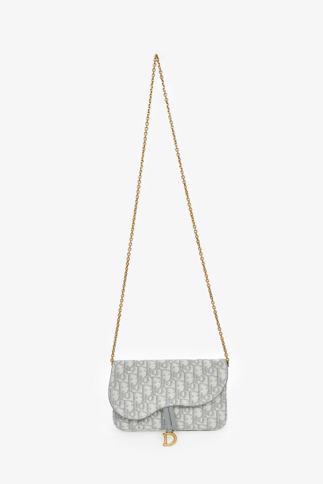 Christian Dior 2023 Grey Oblique Canvas Medium Saddle Pouch With Chain