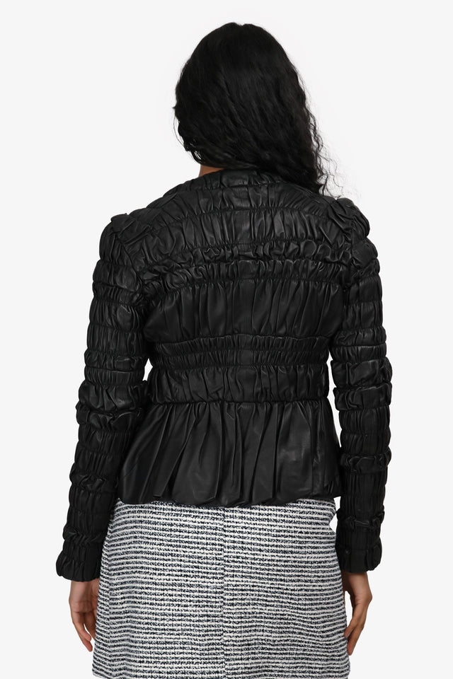 Burberry Prorsum Black Leather Ruched Zip-Up Leather Jacket Size 38