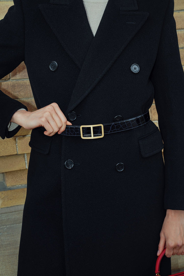 Hermes Navy Shiny Crocodile Porosus Leather Officer Buckle Belt