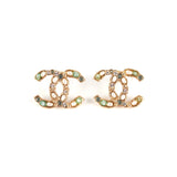 Chanel Coco Logo Green Pearl Rhinestone Earrings Costume Jewellery