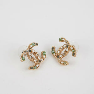 Chanel Coco Logo Green Pearl Rhinestone Earrings Costume Jewellery