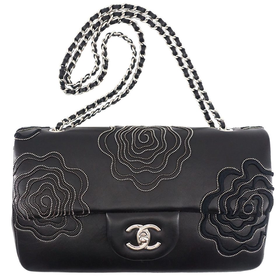 Chanel Embroidered Camellia Follies Medium Lambskin Leather Flap Bag