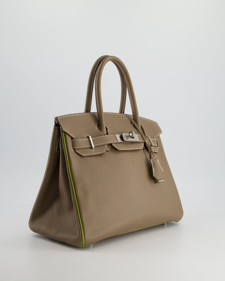 Hermes HSS Birkin 30 Retourne Bag in Etoupe & Vert Anis Chèvre Mysore with Brushed Palladium Hardware