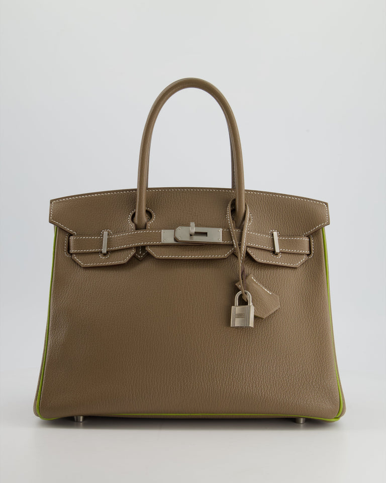 Hermes HSS Birkin 30 Retourne Bag in Etoupe & Vert Anis Chèvre Mysore with Brushed Palladium Hardware