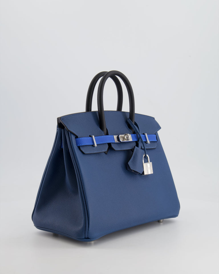 Hermes Birkin 25 Retourne Bag in Tricolour Deep Blue, Bleu Hydra and Black Epsom Leather with Palladium Hardware