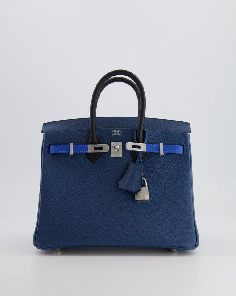 Hermes Birkin 25 Retourne Bag in Tricolour Deep Blue, Bleu Hydra and Black Epsom Leather with Palladium Hardware