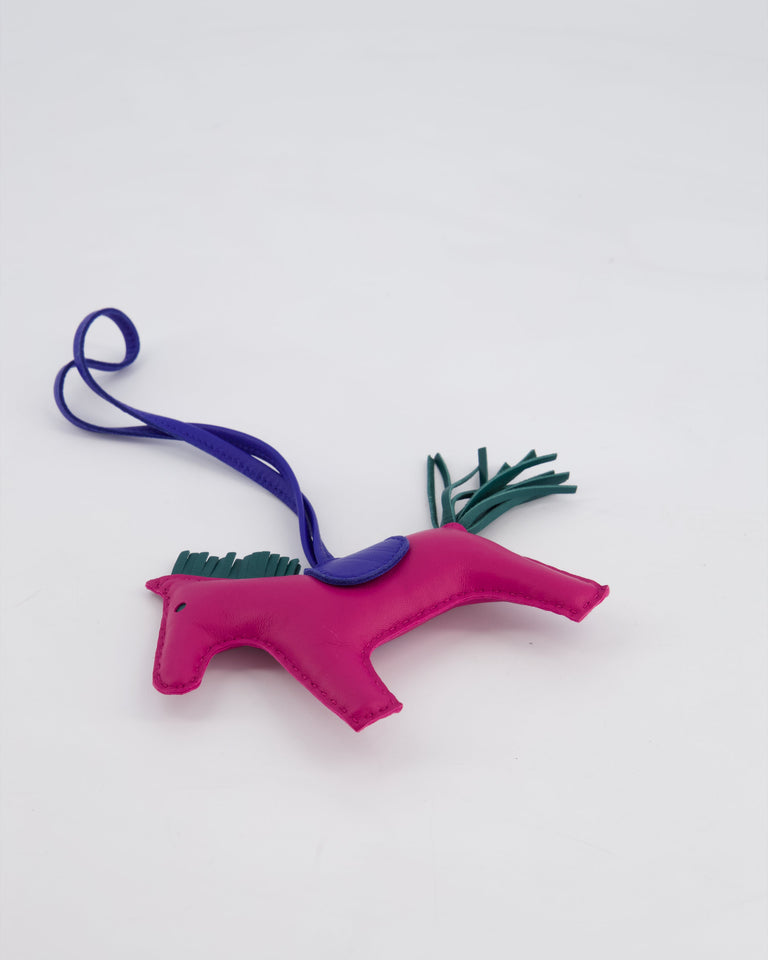Hermes Grigri Rodeo MM Bag Charm in Rose Pourpre, Malachite & Bleu Electrique Milo Leather RRP £540