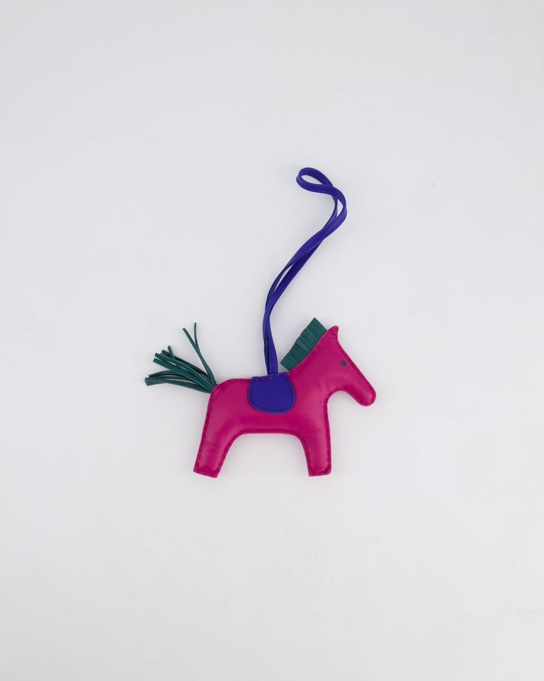 Hermes Grigri Rodeo MM Bag Charm in Rose Pourpre, Malachite & Bleu Electrique Milo Leather RRP £540