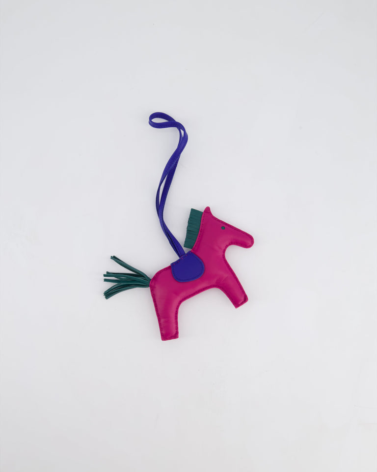 Hermes Grigri Rodeo MM Bag Charm in Rose Pourpre, Malachite & Bleu Electrique Milo Leather RRP £540