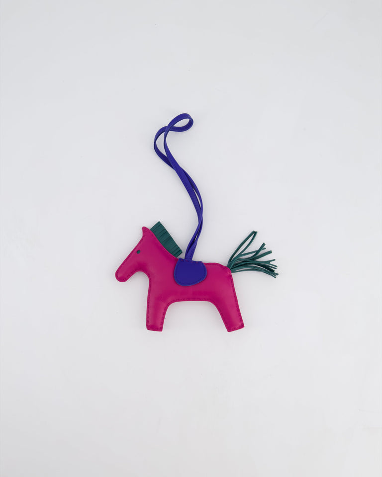 Hermes Grigri Rodeo MM Bag Charm in Rose Pourpre, Malachite & Bleu Electrique Milo Leather RRP £540