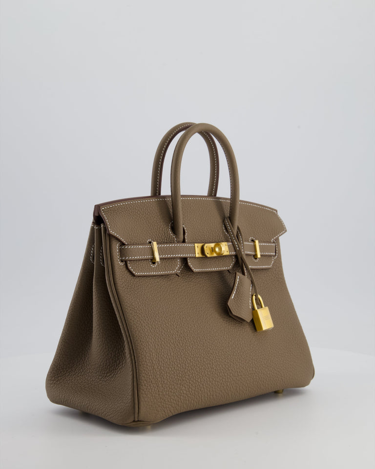 *VERY RARE* Hermes Birkin 25 Retourne Bag in Etoupe Togo Leather with Brushed Gold Hardware