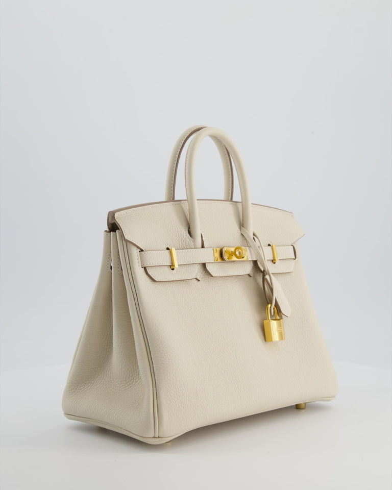 *HOT* Hermes Birkin 25 Retourne Bag in Craie Togo Leather with Gold Hardware