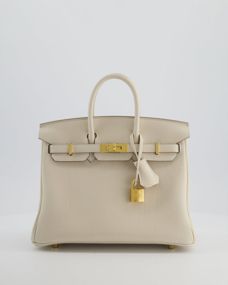 *HOT* Hermes Birkin 25 Retourne Bag in Craie Togo Leather with Gold Hardware