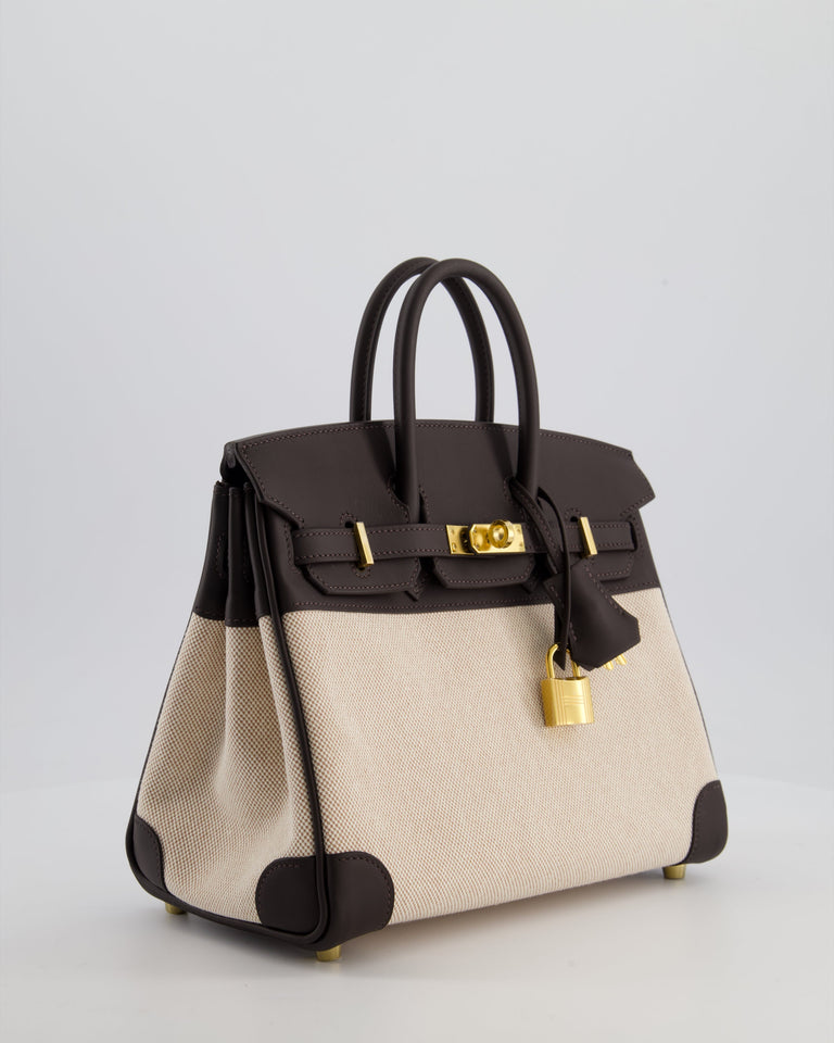 *RARE* Hermes Birkin 25 Retourne Bag in Ecru/Beige Toile H Canvas and Bai Brun Swift Leather with Gold Hardware