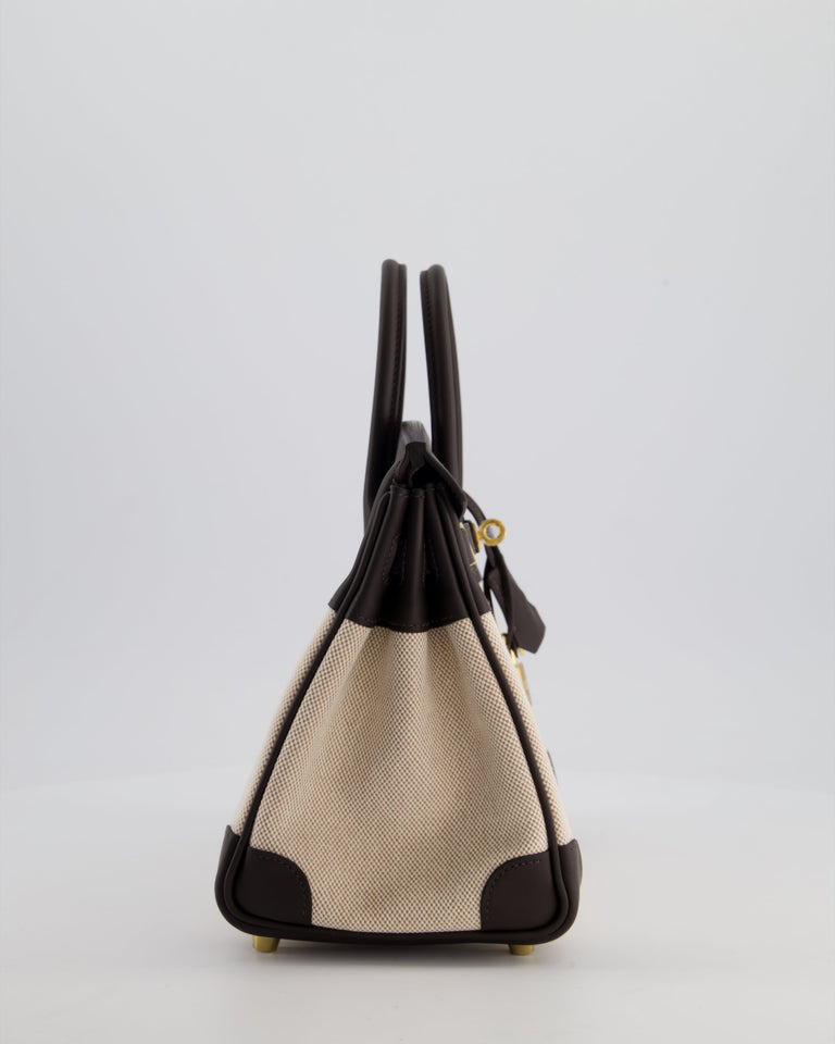 *RARE* Hermes Birkin 25 Retourne Bag in Ecru/Beige Toile H Canvas and Bai Brun Swift Leather with Gold Hardware