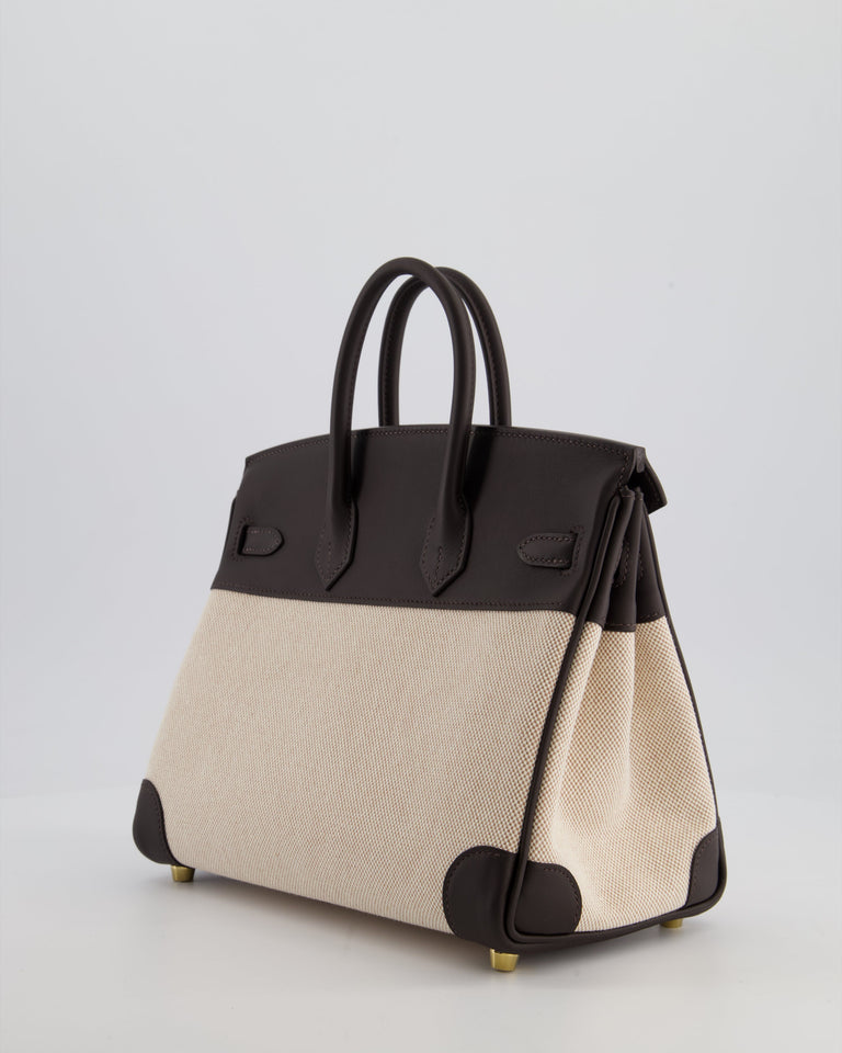 *RARE* Hermes Birkin 25 Retourne Bag in Ecru/Beige Toile H Canvas and Bai Brun Swift Leather with Gold Hardware