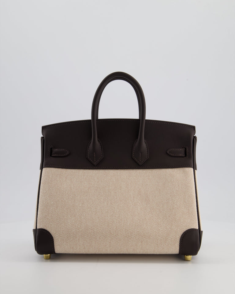 *RARE* Hermes Birkin 25 Retourne Bag in Ecru/Beige Toile H Canvas and Bai Brun Swift Leather with Gold Hardware