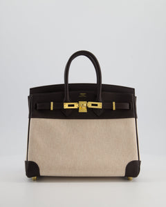 *RARE* Hermes Birkin 25 Retourne Bag in Ecru/Beige Toile H Canvas and Bai Brun Swift Leather with Gold Hardware