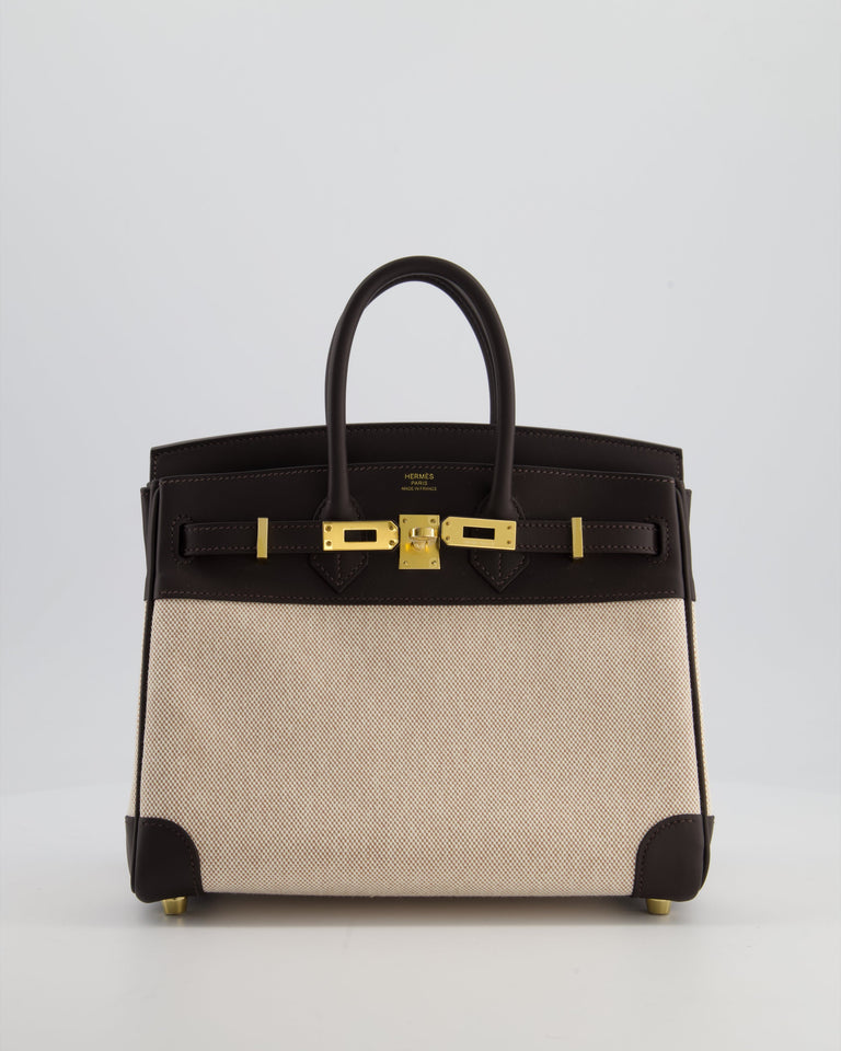 *RARE* Hermes Birkin 25 Retourne Bag in Ecru/Beige Toile H Canvas and Bai Brun Swift Leather with Gold Hardware