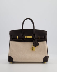 *RARE* Hermes Birkin 25 Retourne Bag in Ecru/Beige Toile H Canvas and Bai Brun Swift Leather with Gold Hardware
