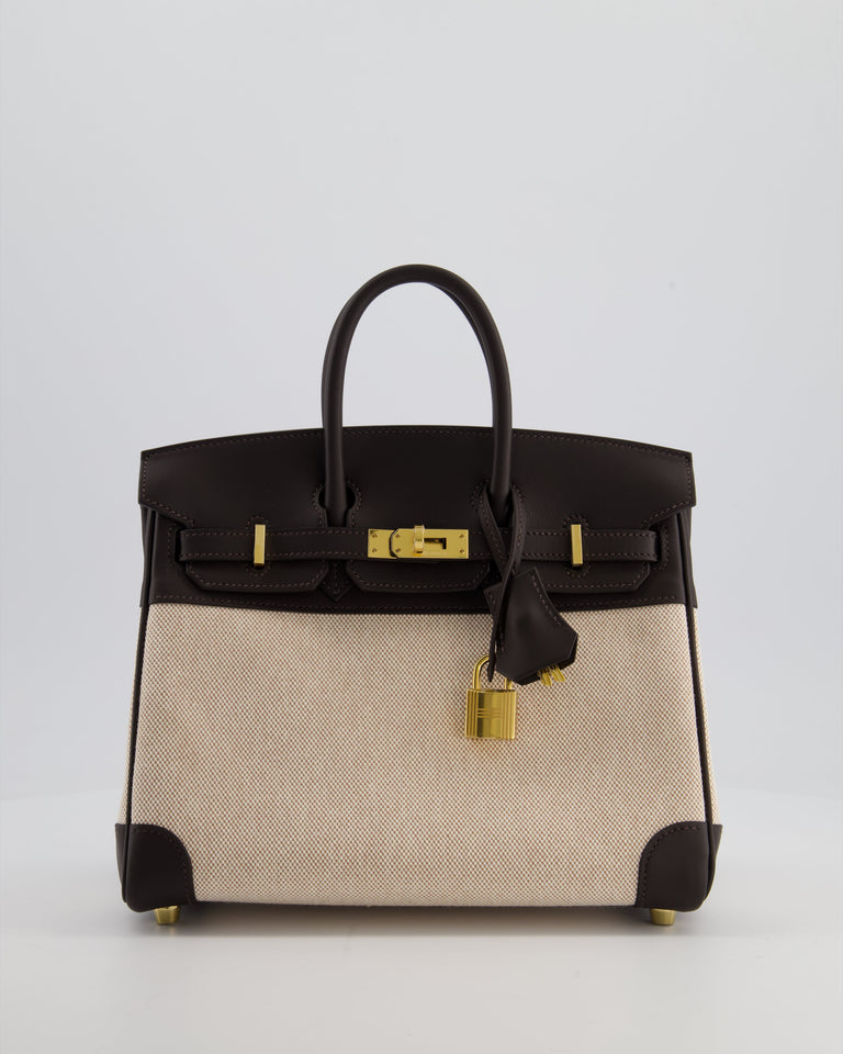 *RARE* Hermes Birkin 25 Retourne Bag in Ecru/Beige Toile H Canvas and Bai Brun Swift Leather with Gold Hardware