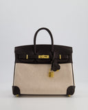*RARE* Hermes Birkin 25 Retourne Bag in Ecru/Beige Toile H Canvas and Bai Brun Swift Leather with Gold Hardware