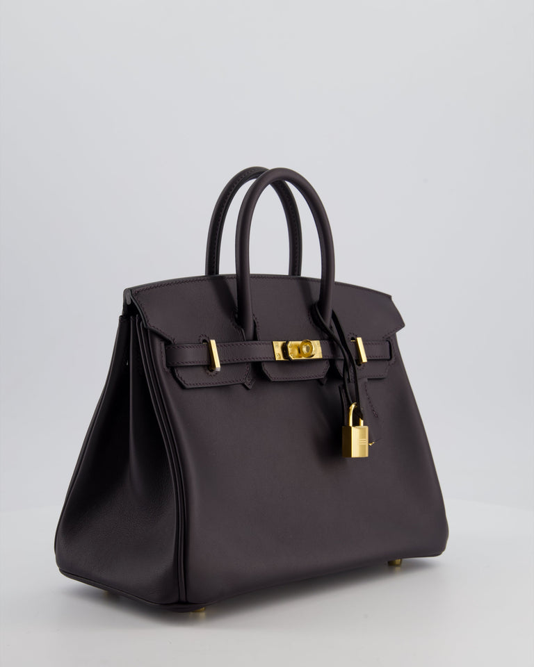 *HOT* Hermes Birkin 25 Retourne Bag in Prunoir Swift Leather with Gold Hardware