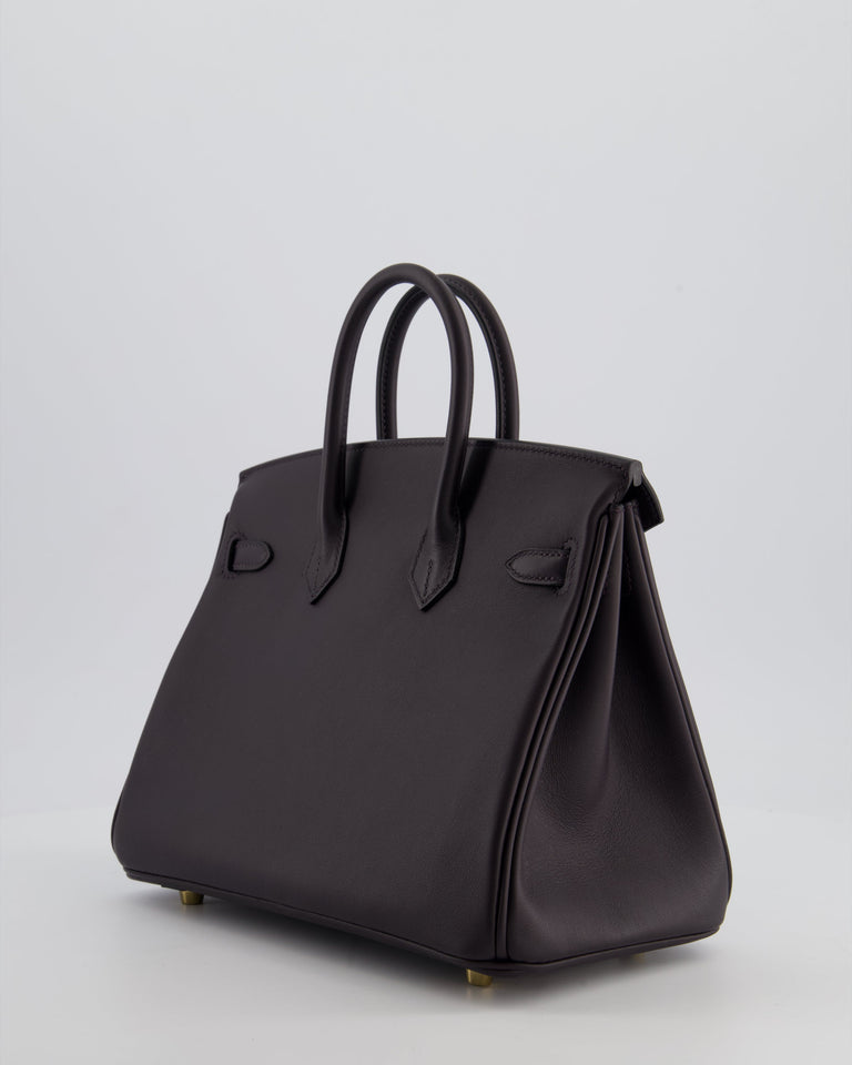 *HOT* Hermes Birkin 25 Retourne Bag in Prunoir Swift Leather with Gold Hardware