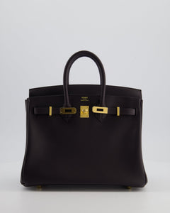 *HOT* Hermes Birkin 25 Retourne Bag in Prunoir Swift Leather with Gold Hardware